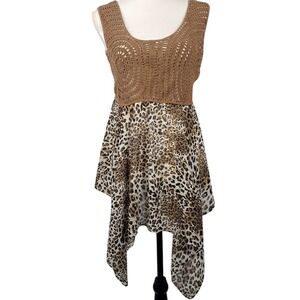 Vintage Y2K KAELYN MAX L Crochet Leopard Print Top Handkerchief Hem Boho